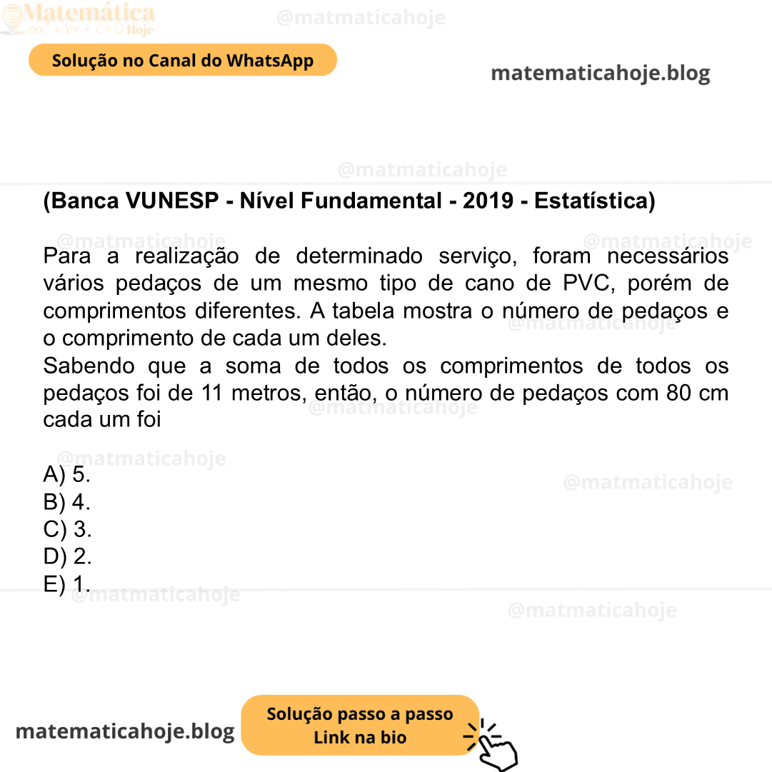 Banca VUNESP - Nível Fundamental - 2019 - Estatística) Para a realização de determinado serviço, foram necessários vários pedaços de um mesmo tipo de cano de PVC, porém de comprimentos diferentes. A tabela mostra o número de pedaços e o comprimento de cada um deles. Sabendo que a soma de todos os comprimentos de todos os pedaços foi de 11 metros, então, o número de pedaços com 80 cm cada um foi A) 5. B) 4. C) 3. D) 2. E) 1.