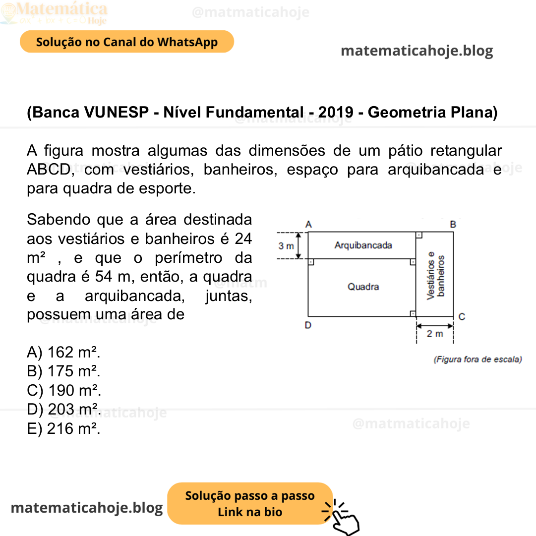 (Banca VUNESP - Nível Fundamental - 2019 - Geometria Plana) A figura mostra algumas das dimensões de um pátio retangular ABCD, com vestiários, banheiros, espaço para arquibancada e para quadra de esporte. Sabendo que a área destinada aos vestiários e banheiros é 24 m² , e que o perímetro da quadra é 54 m, então, a quadra e a arquibancada, juntas, possuem uma área de A) 162 m². B) 175 m². C) 190 m². D) 203 m². E) 216 m².