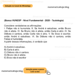 (Banca VUNESP - Nível Fundamental - 2020 - Tautologia) Considere verdadeiras as afirmações: I. Felipe não é humorista. II. Se André é estudioso, então Bruno não é atleta. III. Se Bruno não é atleta, então Carla é atriz. IV. Se Débora é cantora, então Carla não é atriz. V. Se Enzo é escritor, então André é estudioso. VI. Se Débora não é cantora, então Felipe é humorista. A partir dessas informações, é verdade que A) André é estudioso. B) Carla é atriz. C) Débora não é cantora. D) Bruno não é atleta. E) Enzo não é escritor