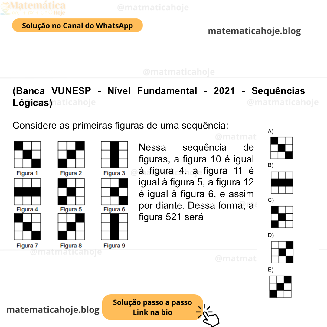(Banca VUNESP - Nível Fundamental - 2021 - Sequências Lógicas) Considere as primeiras figuras de uma sequência: Nessa sequência de figuras, a figura 10 é igual à figura 4, a figura 11 é igual à figura 5, a figura 12 é igual à figura 6, e assim por diante. Dessa forma, a figura 521 será