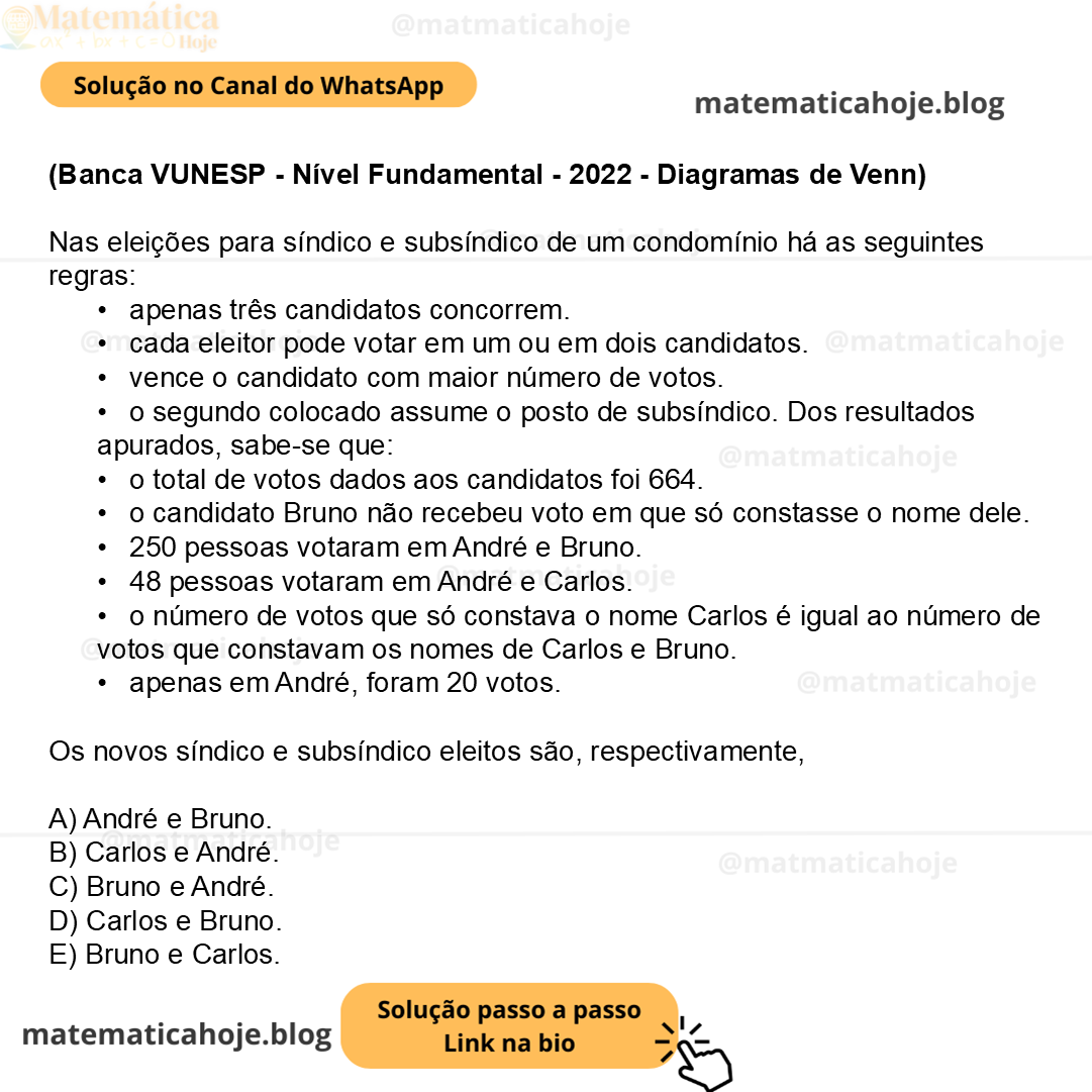 (Banca VUNESP - Nível Fundamental - 2022 - Diagramas de Venn) Nas eleições para síndico e subsíndico de um condomínio há as seguintes regras: •  apenas três candidatos concorrem. •  cada eleitor pode votar em um ou em dois candidatos. •  vence o candidato com maior número de votos. •  o segundo colocado assume o posto de subsíndico. Dos resultados apurados, sabe-se que: •  o total de votos dados aos candidatos foi 664. •  o candidato Bruno não recebeu voto em que só constasse o nome dele. •  250 pessoas votaram em André e Bruno. •  48 pessoas votaram em André e Carlos. •  o número de votos que só constava o nome Carlos é igual ao número de votos que constavam os nomes de Carlos e Bruno. •  apenas em André, foram 20 votos. Os novos síndico e subsíndico eleitos são, respectivamente, A) André e Bruno. B) Carlos e André. C) Bruno e André. D) Carlos e Bruno. E) Bruno e Carlos.