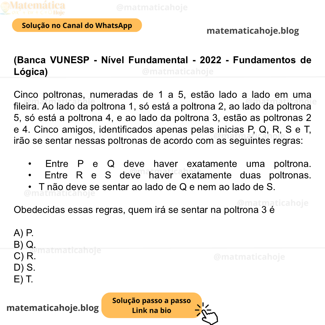 (Banca VUNESP - Nível Fundamental - 2022 - Fundamentos de Lógica) Cinco poltronas, numeradas de 1 a 5, estão lado a lado em uma fileira. Ao lado da poltrona 1, só está a poltrona 2, ao lado da poltrona 5, só está a poltrona 4, e ao lado da poltrona 3, estão as poltronas 2 e 4. Cinco amigos, identificados apenas pelas inicias P, Q, R, S e T, irão se sentar nessas poltronas de acordo com as seguintes regras: •  Entre P e Q deve haver exatamente uma poltrona. •  Entre R e S deve haver exatamente duas poltronas. •  T não deve se sentar ao lado de Q e nem ao lado de S. Obedecidas essas regras, quem irá se sentar na poltrona 3 é A) P. B) Q. C) R. D) S. E) T.