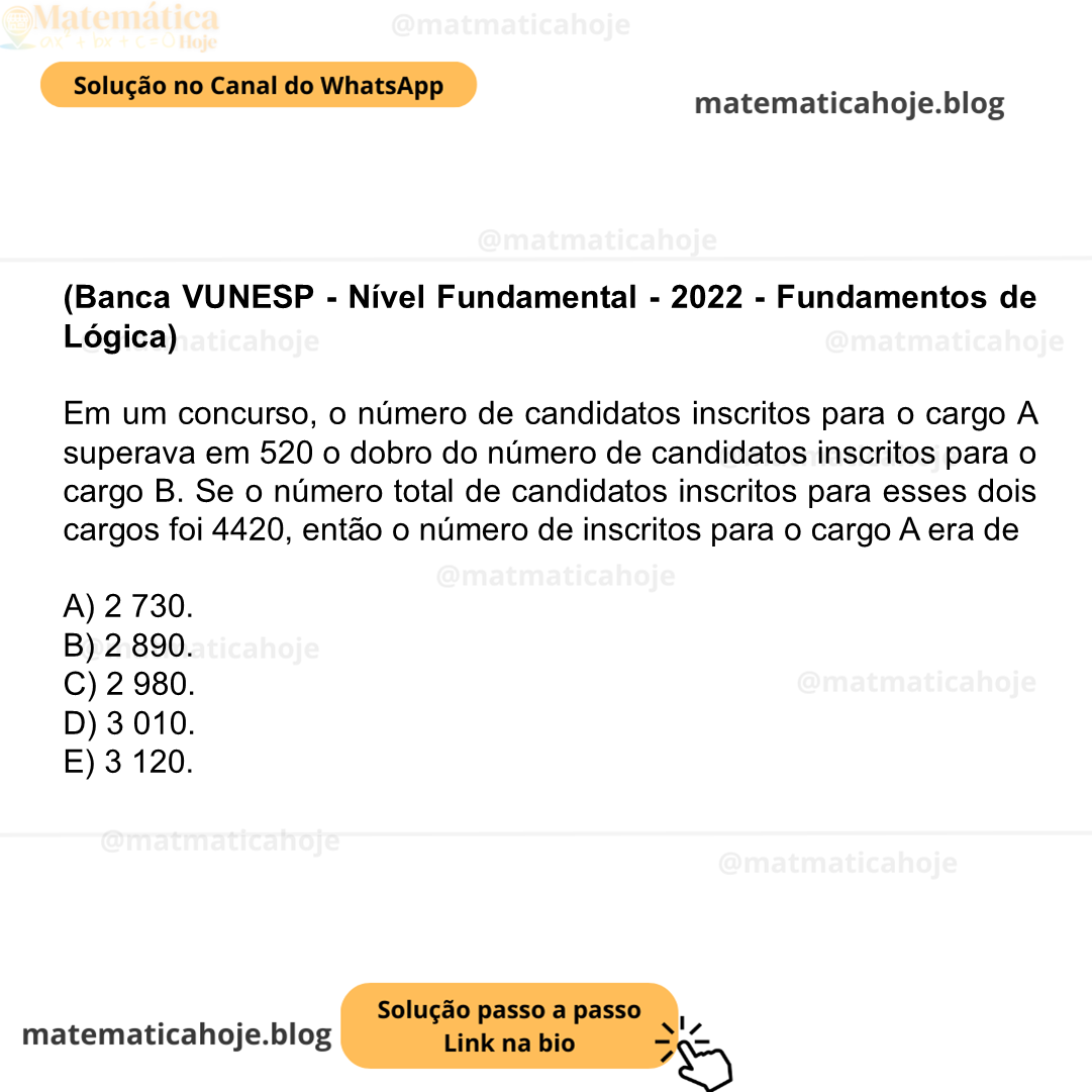 (Banca VUNESP - Nível Fundamental - 2022 - Fundamentos de Lógica) Em um concurso, o número de candidatos inscritos para o cargo A superava em 520 o dobro do número de candidatos inscritos para o cargo B. Se o número total de candidatos inscritos para esses dois cargos foi 4420, então o número de inscritos para o cargo A era de A) 2 730. B) 2 890. C) 2 980. D) 3 010. E) 3 120.