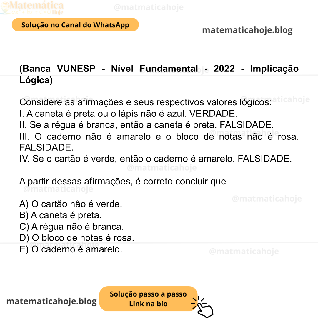 (Banca VUNESP - Nível Fundamental - 2022 - Implicação Lógica) Considere as afirmações e seus respectivos valores lógicos: I. A caneta é preta ou o lápis não é azul. VERDADE. II. Se a régua é branca, então a caneta é preta. FALSIDADE. III. O caderno não é amarelo e o bloco de notas não é rosa. FALSIDADE. IV. Se o cartão é verde, então o caderno é amarelo. FALSIDADE. A partir dessas afirmações, é correto concluir que A) O cartão não é verde. B) A caneta é preta. C) A régua não é branca. D) O bloco de notas é rosa. E) O caderno é amarelo.