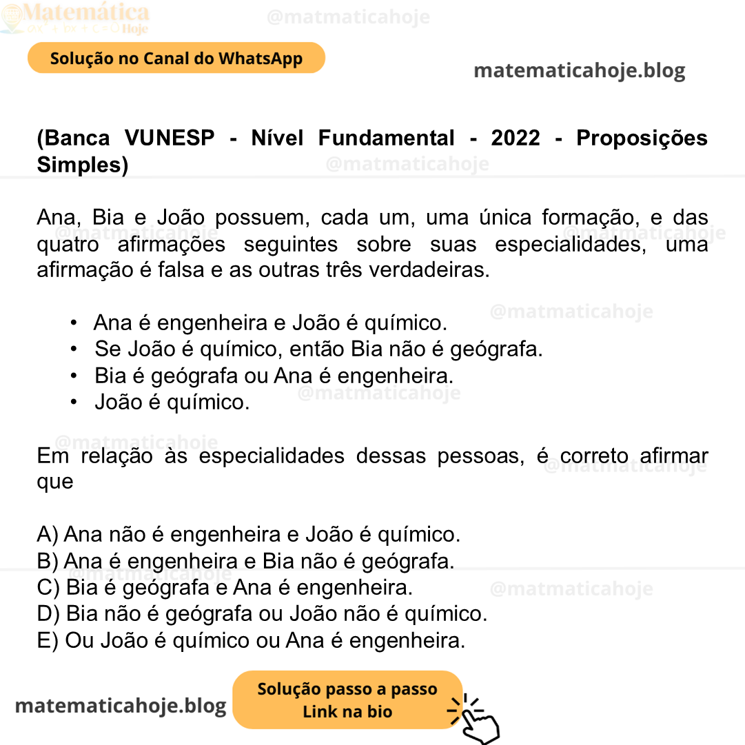 (Banca VUNESP - Nível Fundamental - 2022 - Proposições Simples) Ana, Bia e João possuem, cada um, uma única formação, e das quatro afirmações seguintes sobre suas especialidades, uma afirmação é falsa e as outras três verdadeiras. •  Ana é engenheira e João é químico. •  Se João é químico, então Bia não é geógrafa. •  Bia é geógrafa ou Ana é engenheira. •  João é químico. Em relação às especialidades dessas pessoas, é correto afirmar que A) Ana não é engenheira e João é químico. B) Ana é engenheira e Bia não é geógrafa. C) Bia é geógrafa e Ana é engenheira. D) Bia não é geógrafa ou João não é químico. E) Ou João é químico ou Ana é engenheira.