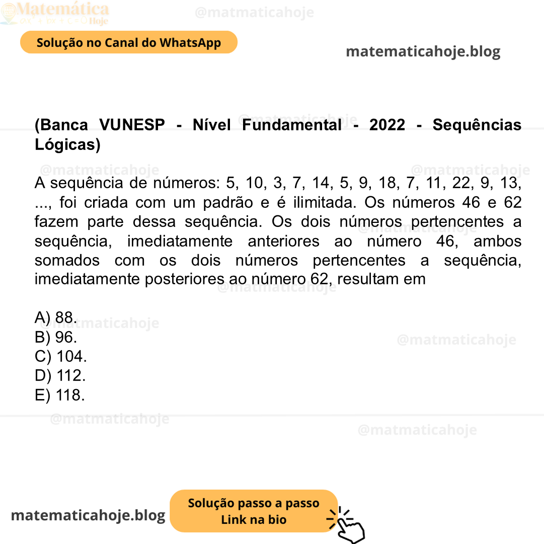 (Banca VUNESP - Nível Fundamental - 2022 - Sequências Lógicas) A sequência de números: 5, 10, 3, 7, 14, 5, 9, 18, 7, 11, 22, 9, 13, ..., foi criada com um padrão e é ilimitada. Os números 46 e 62 fazem parte dessa sequência. Os dois números pertencentes a sequência, imediatamente anteriores ao número 46, ambos somados com os dois números pertencentes a sequência, imediatamente posteriores ao número 62, resultam em A) 88. B) 96. C) 104. D) 112. E) 118.