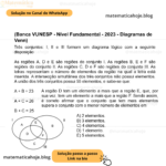 (Banca VUNESP - Nível Fundamental - 2023 - Diagramas de Venn) Três conjuntos: I, II e III formam um diagrama lógico com a seguinte disposição: As regiões A, D e E são regiões do conjunto I. As regiões B, E e F são regiões do conjunto II. As regiões C, D e F são regiões do conjunto III. As letras representam o número de elementos da região na qual a letra está inserida. A intersecção simultânea dos três conjuntos não possui elementos. A união dos três conjuntos possui 55 elementos, e sabe-se que: A + B = 23 A + C = 26 B + C = 25 A região D tem um elemento a mais que a região E, que, por sua vez, tem um elemento a mais que a região F. Sendo assim, é correto afirmar que o conjunto que tem mais elementos supera o conjunto com o menor número de elementos em A) 2 elementos. B) 3 elementos. C) 4 elementos. D) 1 elemento. E) 5 elementos.
