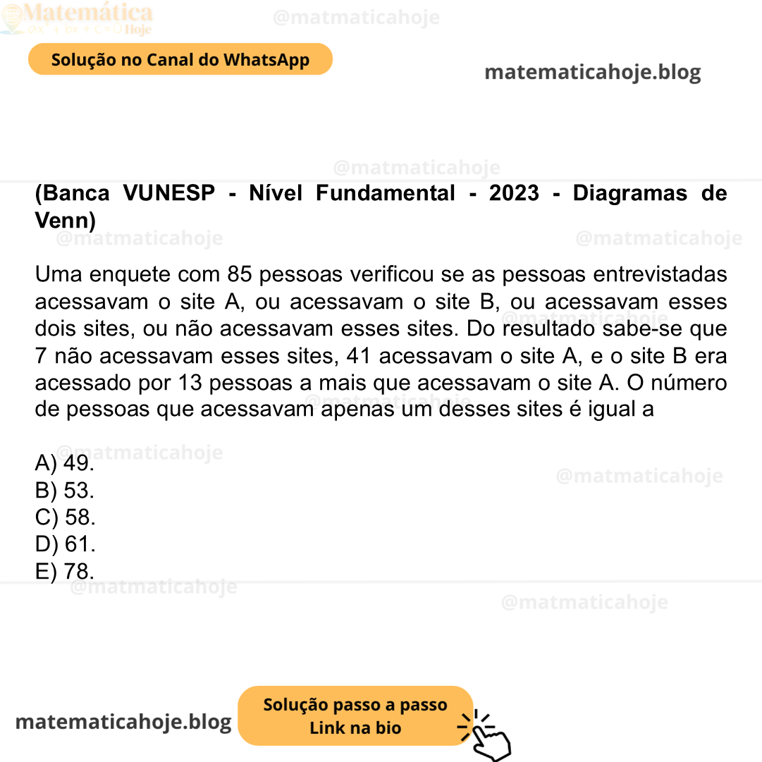 (Banca VUNESP - Nível Fundamental - 2023 - Diagramas de Venn) Uma enquete com 85 pessoas verificou se as pessoas entrevistadas acessavam o site A, ou acessavam o site B, ou acessavam esses dois sites, ou não acessavam esses sites. Do resultado sabe-se que 7 não acessavam esses sites, 41 acessavam o site A, e o site B era acessado por 13 pessoas a mais que acessavam o site A. O número de pessoas que acessavam apenas um desses sites é igual a A) 49. B) 53. C) 58. D) 61. E) 78.