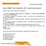 (Banca VUNESP - Nível Fundamental - 2023 - Lógica de Argumentação) Seguem algumas afirmações sobre pessoas. I. “Se Ana é generosa, então Bernardo é gastador”. Considere essa afirmação como sendo VERDADEIRA. II. “Bernardo é gastador ou Claudete é gentil”. Considere essa afirmação como sendo VERDADEIRA. III. “Eduardo é tímido e Claudete é gentil”. Considere essa afirmação como sendo FALSA. IV. “Ou Gerson é ligeiro ou Eduardo é tímido”. Considere essa afirmação como sendo VERDADEIRA. V. “Bernardo é gastador”. Considere essa afirmação como sendo FALSA. VI. “Se Hugo é rico, então Ana é generosa”. Considere essa afirmação como sendo VERDADEIRA. A partir das informações apresentadas, é logicamente verdadeiro que A) Claudete não é gentil. B) Hugo não é rico. C) Gerson não é ligeiro. D) Eduardo é tímido. E) Ana é generosa.