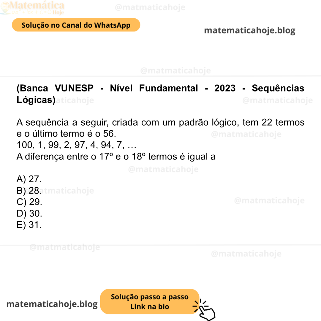 (Banca VUNESP - Nível Fundamental - 2023 - Sequências Lógicas) A sequência a seguir, criada com um padrão lógico, tem 22 termos e o último termo é o 56. 100, 1, 99, 2, 97, 4, 94, 7, … A diferença entre o 17º e o 18º termos é igual a A) 27. B) 28. C) 29. D) 30. E) 31.