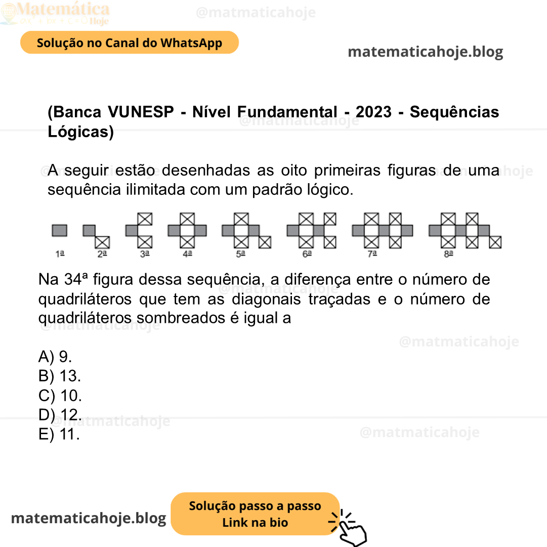 (Banca VUNESP - Nível Fundamental - 2023 - Sequências Lógicas) A seguir estão desenhadas as oito primeiras figuras de uma sequência ilimitada com um padrão lógico. Na 34ª figura dessa sequência, a diferença entre o número de quadriláteros que tem as diagonais traçadas e o número de quadriláteros sombreados é igual a A) 9. B) 13. C) 10. D) 12. E) 11.