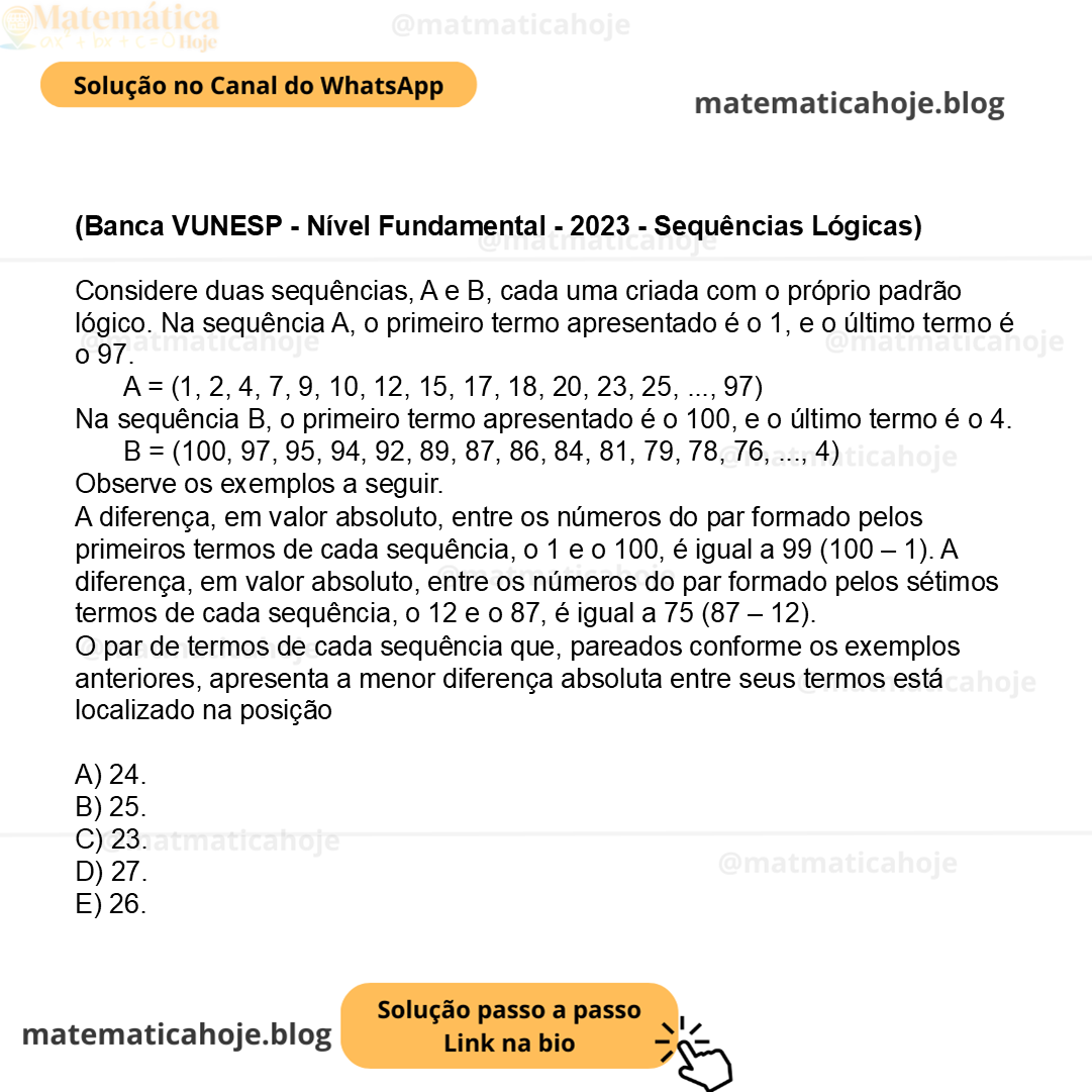 (Banca VUNESP - Nível Fundamental - 2023 - Sequências Lógicas) Considere duas sequências, A e B, cada uma criada com o próprio padrão lógico. Na sequência A, o primeiro termo apresentado é o 1, e o último termo é o 97. A = (1, 2, 4, 7, 9, 10, 12, 15, 17, 18, 20, 23, 25, ..., 97) Na sequência B, o primeiro termo apresentado é o 100, e o último termo é o 4. B = (100, 97, 95, 94, 92, 89, 87, 86, 84, 81, 79, 78, 76, ..., 4) Observe os exemplos a seguir. A diferença, em valor absoluto, entre os números do par formado pelos primeiros termos de cada sequência, o 1 e o 100, é igual a 99 (100 – 1). A diferença, em valor absoluto, entre os números do par formado pelos sétimos termos de cada sequência, o 12 e o 87, é igual a 75 (87 – 12). O par de termos de cada sequência que, pareados conforme os exemplos anteriores, apresenta a menor diferença absoluta entre seus termos está localizado na posição A) 24. B) 25. C) 23. D) 27. E) 26.