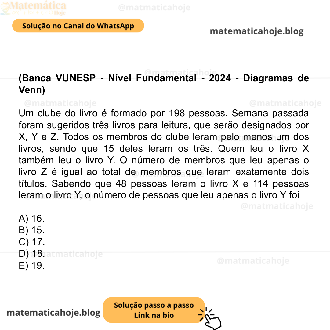 (Banca VUNESP - Nível Fundamental - 2024 - Diagramas de Venn) Um clube do livro é formado por 198 pessoas. Semana passada foram sugeridos três livros para leitura, que serão designados por X, Y e Z. Todos os membros do clube leram pelo menos um dos livros, sendo que 15 deles leram os três. Quem leu o livro X também leu o livro Y. O número de membros que leu apenas o livro Z é igual ao total de membros que leram exatamente dois títulos. Sabendo que 48 pessoas leram o livro X e 114 pessoas leram o livro Y, o número de pessoas que leu apenas o livro Y foi A) 16. B) 15. C) 17. D) 18. E) 19.