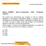 (Banca VUNESP - Nível Fundamental - 2024 - Problemas Lógicos) De acordo com informações que constam no site do Instituto Brasileiro de Geografia e Estatística (IBGE), o número total de caminhões e de caminhões tratores, registrados na cidade de Lins, em 2022, era igual a 3089, sendo que existiam 273 caminhões tratores a mais que o número de caminhões. Sendo assim, o número de caminhões registrados na cidade de Lins, em 2022, de acordo com o IBGE, era igual a A) 1408. B) 1410. C) 1681. D) 1683.