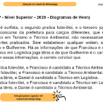 (Banca VUNESP - Nível Superior - 2020 - Diagramas de Venn) Um dos amigos é surfista, o segundo pratica futevôlei, e o terceiro joga tênis. Eles se inscreveram no concurso da prefeitura para cargos diferentes, que são: Técnico em Logística, Técnico em Turismo e Técnico Ambiental, não necessariamente na mesma ordem dos esportes praticados. Sem estabelecer qualquer ordem, seus nomes são: Daniel, Francisco e Guilherme. Há as informações de que Francisco é surfista, de que o candidato a Técnico em Logística joga tênis e de que Guilherme é o candidato a Técnico em Turismo. Com essas informações, é correto concluir que A) Guilherme pratica futevôlei, e Francisco é candidato a Técnico Ambiental. B) Daniel pratica futevôlei, e Francisco é candidato a Técnico Ambiental. C) Guilherme joga tênis, e Daniel é candidato a Técnico em Logística. D) Guilherme pratica futevôlei, e Francisco é candidato a Técnico em Logística. E) Guilherme joga tênis, e Daniel é candidato a Técnico Ambiental.