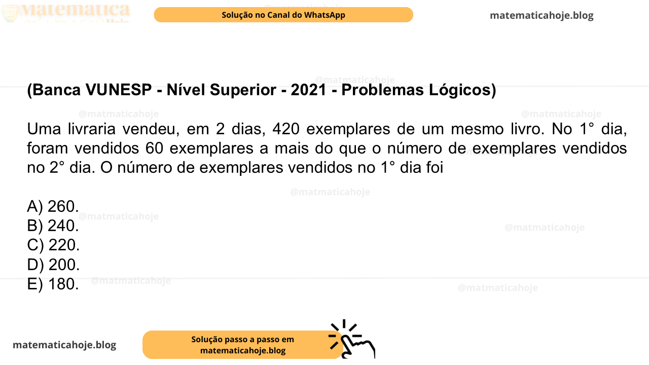 Banca VUNESP - Nível Superior - 2021 - Problemas Lógicos) Uma livraria vendeu, em 2 dias, 420 exemplares de um mesmo livro. No 1° dia, foram vendidos 60 exemplares a mais do que o número de exemplares vendidos no 2° dia. O número de exemplares vendidos no 1° dia foi A) 260. B) 240. C) 220. D) 200. E) 180.