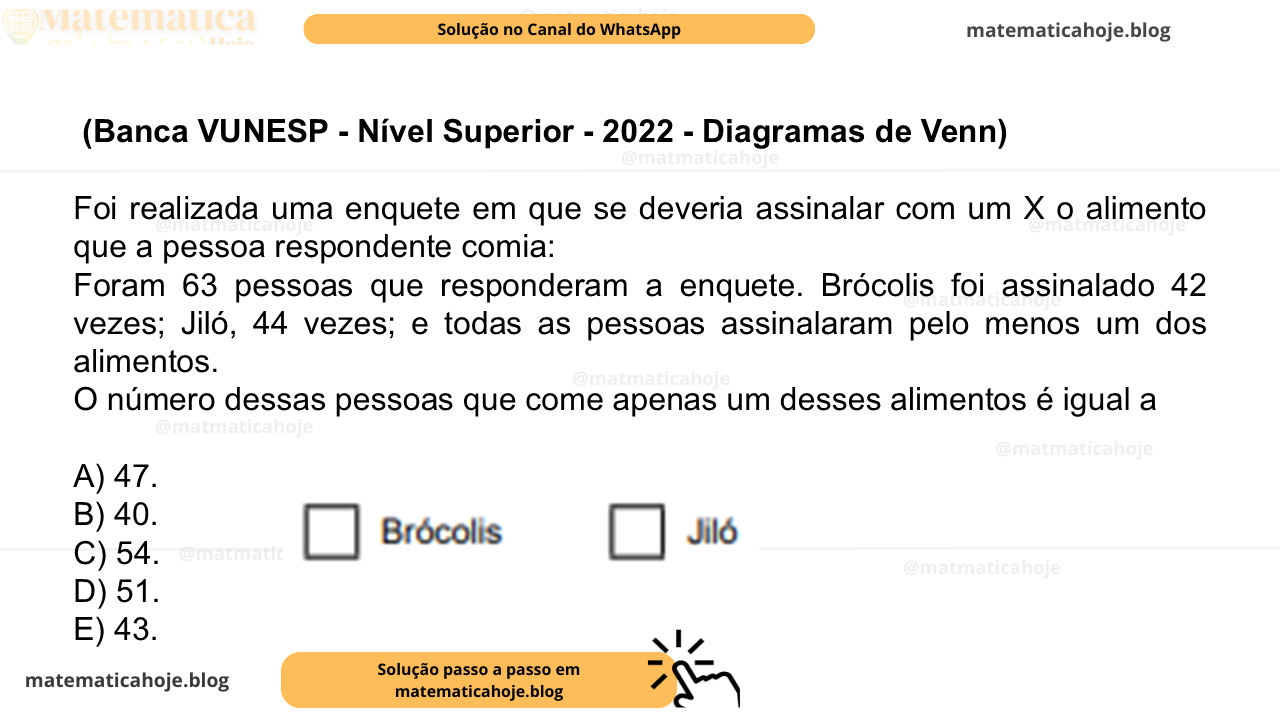 (Banca VUNESP - Nível Superior - 2022 - Diagramas de Venn) Foi realizada uma enquete em que se deveria assinalar com um X o alimento que a pessoa respondente comia: Foram 63 pessoas que responderam a enquete. Brócolis foi assinalado 42 vezes; Jiló, 44 vezes; e todas as pessoas assinalaram pelo menos um dos alimentos. O número dessas pessoas que come apenas um desses alimentos é igual a A) 47. B) 40. C) 54. D) 51. E) 43.