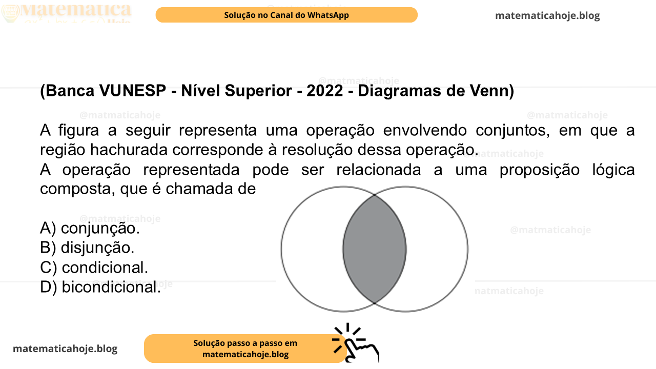 (Banca VUNESP - Nível Superior - 2022 - Diagramas de Venn) A figura a seguir representa uma operação envolvendo conjuntos, em que a região hachurada corresponde à resolução dessa operação. A operação representada pode ser relacionada a uma proposição lógica composta, que é chamada de A) conjunção. B) disjunção. C) condicional. D) bicondicional.