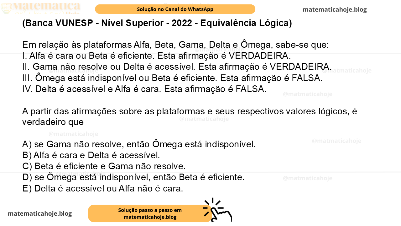 (Banca VUNESP - Nível Superior - 2022 - Equivalência Lógica) Em relação às plataformas Alfa, Beta, Gama, Delta e Ômega, sabe-se que: I. Alfa é cara ou Beta é eficiente. Esta afirmação é VERDADEIRA. II. Gama não resolve ou Delta é acessível. Esta afirmação é VERDADEIRA. III. Ômega está indisponível ou Beta é eficiente. Esta afirmação é FALSA. IV. Delta é acessível e Alfa é cara. Esta afirmação é FALSA. A partir das afirmações sobre as plataformas e seus respectivos valores lógicos, é verdadeiro que A) se Gama não resolve, então Ômega está indisponível. B) Alfa é cara e Delta é acessível. C) Beta é eficiente e Gama não resolve. D) se Ômega está indisponível, então Beta é eficiente. E) Delta é acessível ou Alfa não é cara.