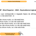 (Banca VUNESP - Nível Superior - 2022 - Equivalência Lógica) Uma afirmação que corresponde à negação lógica da afirmação: “Troveja e chove muito, ou o dia está lindo”, é: A) Troveja ou não chove muito, e o dia está lindo. B) Troveja ou chove muito, e o dia não está lindo C) Não troveja e não chove muito, ou o dia não está lindo. D) Não troveja ou não chove muito, e o dia não está lindo. E) Não troveja ou chove muito, ou o dia está lindo.
