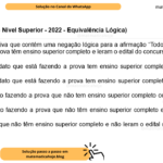 (Banca VUNESP - Nível Superior - 2022 - Equivalência Lógica) Assinale a alternativa que contém uma negação lógica para a afirmação “Todos os candidatos que estão fazendo a prova têm ensino superior completo e leram o edital do concurso”. A) Nenhum candidato que está fazendo a prova tem ensino superior completo e leu o edital do concurso. B) Nenhum candidato que está fazendo a prova tem ensino superior completo ou leu o edital do concurso C) Existe candidato fazendo a prova que não tem ensino superior completo ou não leu o edital do concurso. D) Existe candidato fazendo a prova que não têm ensino superior completo e não leu o edital do concurso. E) Os candidatos que não têm ensino superior completo e não leram o edital não estão fazendo a prova.