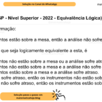 (Banca VUNESP - Nível Superior - 2022 - Equivalência Lógica) Considere a afirmação: Se os instrumentos estão sobre a mesa, então a análise não sofre atraso. Uma afirmação que seja logicamente equivalente a esta, é A) Os instrumentos não estão sobre a mesa ou a análise sofre atraso. B) Os instrumentos não estão sobre a mesa e a análise não sofre atraso. C) Os instrumentos estão sobre a mesa e a análise sofre atraso. D) Se a análise sofre atraso, então os instrumentos não estão sobre a mesa. E) Se a análise não sofre atraso, então os instrumentos estão sobre a mesa.