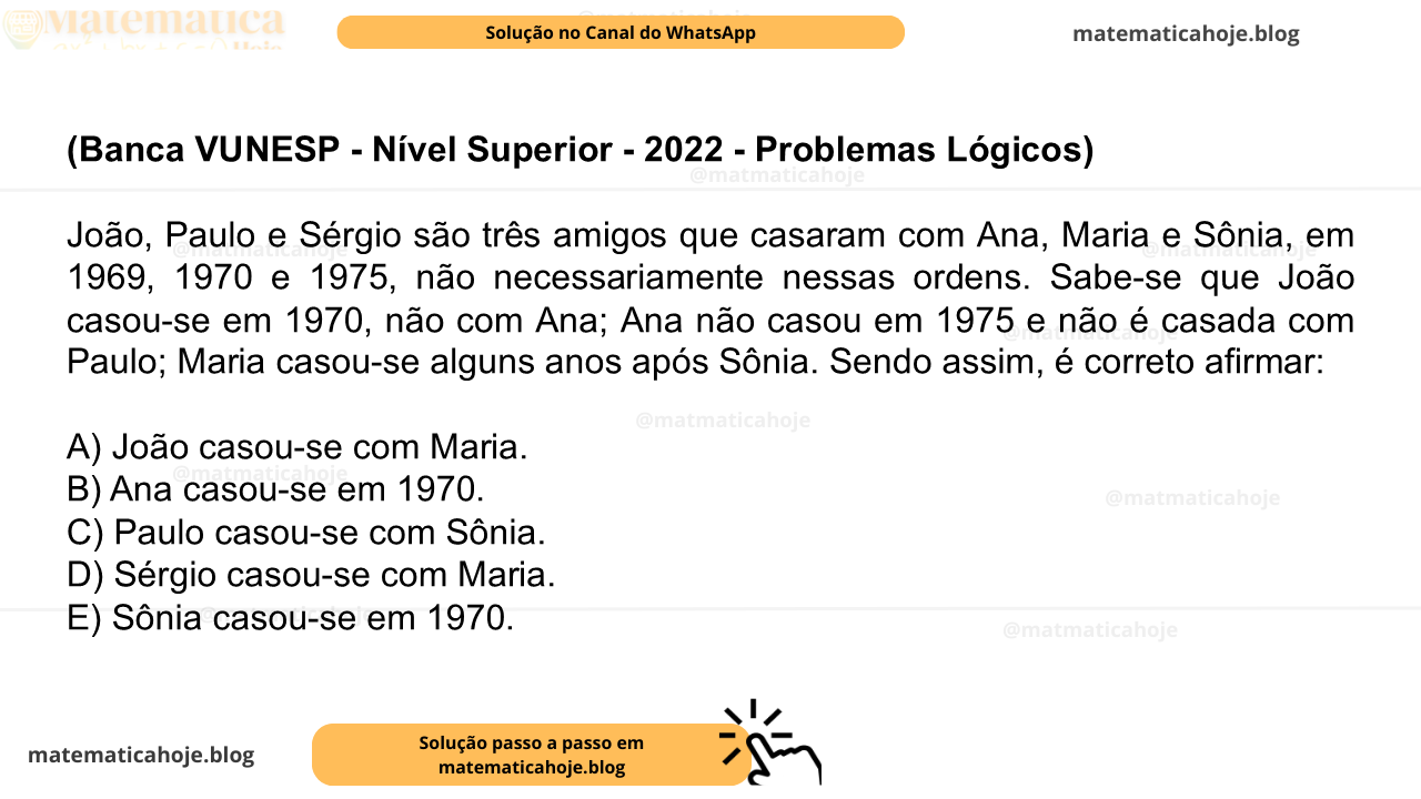 (Banca VUNESP - Nível Superior - 2022 - Problemas Lógicos) João, Paulo e Sérgio são três amigos que casaram com Ana, Maria e Sônia, em 1969, 1970 e 1975, não necessariamente nessas ordens. Sabe-se que João casou-se em 1970, não com Ana; Ana não casou em 1975 e não é casada com Paulo; Maria casou-se alguns anos após Sônia. Sendo assim, é correto afirmar: A) João casou-se com Maria. B) Ana casou-se em 1970. C) Paulo casou-se com Sônia. D) Sérgio casou-se com Maria. E) Sônia casou-se em 1970.