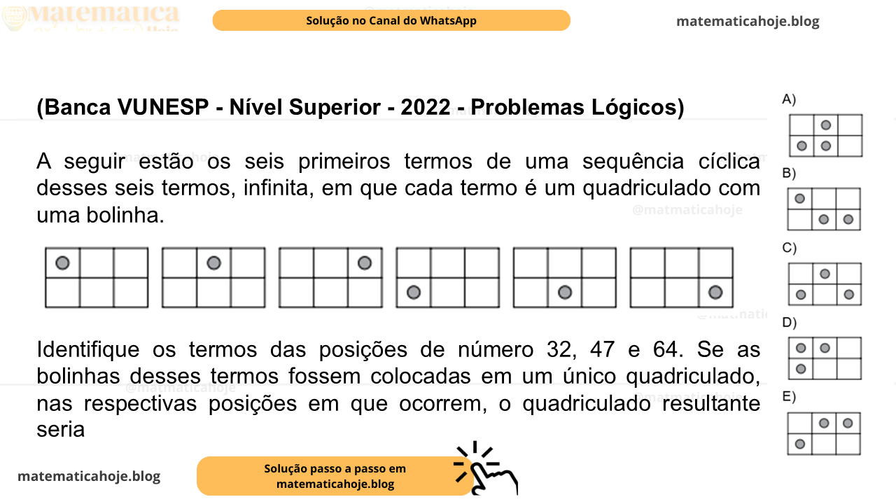 (Banca VUNESP - Nível Superior - 2022 - Problemas Lógicos) A seguir estão os seis primeiros termos de uma sequência cíclica desses seis termos, infinita, em que cada termo é um quadriculado com uma bolinha. Identifique os termos das posições de número 32, 47 e 64. Se as bolinhas desses termos fossem colocadas em um único quadriculado, nas respectivas posições em que ocorrem, o quadriculado resultante seria