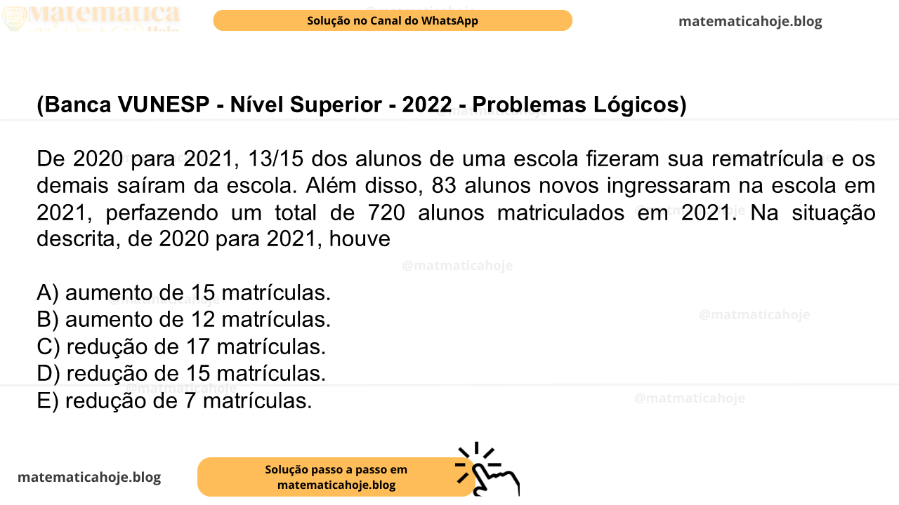 (Banca VUNESP - Nível Superior - 2022 - Problemas Lógicos) De 2020 para 2021, 13/15 dos alunos de uma escola fizeram sua rematrícula e os demais saíram da escola. Além disso, 83 alunos novos ingressaram na escola em 2021, perfazendo um total de 720 alunos matriculados em 2021. Na situação descrita, de 2020 para 2021, houve A) aumento de 15 matrículas. B) aumento de 12 matrículas. C) redução de 17 matrículas. D) redução de 15 matrículas. E) redução de 7 matrículas.