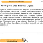 (Banca VUNESP - Nível Superior - 2022 - Problemas Lógicos) O projeto de formação de profissionais em uma empresa foi realizado em 4 etapas. Na etapa A, foram 31 participantes, sendo que 12 deles participaram apenas de mais uma etapa, a etapa C, e os outros 19 participaram apenas de mais uma etapa, a etapa D. Na etapa B, participaram outras 74 pessoas, sendo que 15 dessas pessoas participaram apenas de mais uma etapa, a etapa C, outras 12 participaram apenas de mais uma etapa, a etapa D, e outras 19 participaram apenas de mais duas etapas, a etapa C e a etapa D. Houve ainda outras 23 pessoas que só participaram da etapa C, e outras 9 que só participaram da etapa D. A lista das etapas, em ordem crescente do número total de participantes em cada uma, é A) C, A, B, D. B) A, D, C, B. C) D, A, C, B. D) C, D, A, B. E) A, C, B, D.