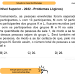 (Banca VUNESP - Nível Superior - 2022 - Problemas Lógicos) Para realizar um treinamento, as pessoas envolvidas foram separadas em 4 grupos distintos: K com 9 participantes, L com 13 participantes, M com 12 participantes e N com 15 participantes. Os participantes dos grupos K e L, ficaram reunidos juntos na sala 1, e o mesmo aconteceu com os participantes dos grupos M e N na sala 2. Será retirada, aleatoriamente, certa quantidade de pessoas da sala 1, de modo a se ter certeza de que, pelo menos, duas dessas pessoas sejam do grupo L. Será também retirada, da sala 2, certa quantidade de pessoas, de modo a se ter certeza de que, pelo menos, três dessas pessoas sejam do grupo N. Sendo assim, o número total de pessoas a serem retiradas das duas salas será igual a A) 5. B) 21. C) 30. D) 26. E) 13.