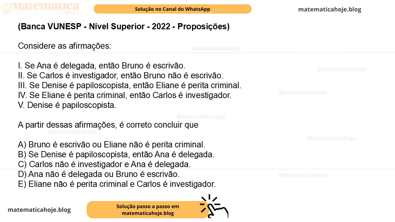 (Banca VUNESP - Nível Superior - 2022 - Proposições) Considere as afirmações: I. Se Ana é delegada, então Bruno é escrivão. II. Se Carlos é investigador, então Bruno não é escrivão. III. Se Denise é papiloscopista, então Eliane é perita criminal. IV. Se Eliane é perita criminal, então Carlos é investigador. V. Denise é papiloscopista. A partir dessas afirmações, é correto concluir que A) Bruno é escrivão ou Eliane não é perita criminal. B) Se Denise é papiloscopista, então Ana é delegada. C) Carlos não é investigador e Ana é delegada. D) Ana não é delegada ou Bruno é escrivão. E) Eliane não é perita criminal e Carlos é investigador.