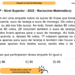 (Banca VUNESP - Nível Superior - 2022 - Raciocínio Matemático) Pessoas votaram em uma enquete sobre os sucos de frutas que tomavam. As opções eram: suco de acerola, suco de laranja e suco de morango. Os votos poderiam ser em um, ou em dois, ou até nos três sucos. Ao todo, foram dados 60 votos para o suco de morango. Desses 60 votos, 20 incluíram também o suco de laranja, mas não o de acerola, e 21 votos foram apenas para o suco de morango. Ao todo, foram 54 votos para o suco de acerola, e, desses 54 votos, 17 votaram apenas no suco de acerola. Não houve votos apenas para suco de laranja e também não houve votos para quem porventura tomasse apenas dois destes sucos, sendo eles o de acerola e o de morango. O total de pessoas que participaram dessa enquete foi igual a A) 81. B) 88. C) 95 D) 85. E) 77.