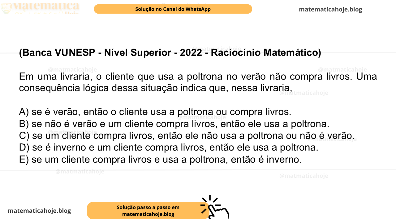 (Banca VUNESP - Nível Superior - 2022 - Raciocínio Matemático) Em uma livraria, o cliente que usa a poltrona no verão não compra livros. Uma consequência lógica dessa situação indica que, nessa livraria, A) se é verão, então o cliente usa a poltrona ou compra livros. B) se não é verão e um cliente compra livros, então ele usa a poltrona. C) se um cliente compra livros, então ele não usa a poltrona ou não é verão. D) se é inverno e um cliente compra livros, então ele usa a poltrona. E) se um cliente compra livros e usa a poltrona, então é inverno.