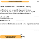 (Banca VUNESP - Nível Superior - 2022 - Sequências Lógicas) A sequência a seguir foi criada com um padrão lógico e é ilimitada. 1, 3, 5, 7, 10, 11, 13, 15, 17, 20, 21, 23, 25, 27, 30, 31, 33, 35, 37, 40, 41, … Identifique os seguintes números que pertencem a esta sequência: • O número que antecede o 90. • O número que é o sucessor do 127. • O número que antecede o 503. A soma desses três números identificados apresenta como algarismo da unidade, o algarismo A) 9. B) 6. C) 3. D) 1. E) 8.