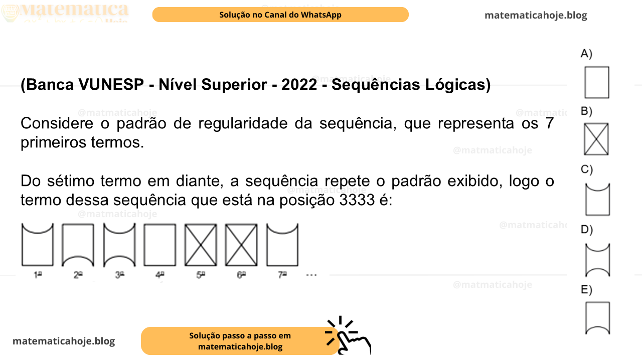 (Banca VUNESP - Nível Superior - 2022 - Sequências Lógicas) Considere o padrão de regularidade da sequência, que representa os 7 primeiros termos. Do sétimo termo em diante, a sequência repete o padrão exibido, logo o termo dessa sequência que está na posição 3333 é: A) B) C) D) E)