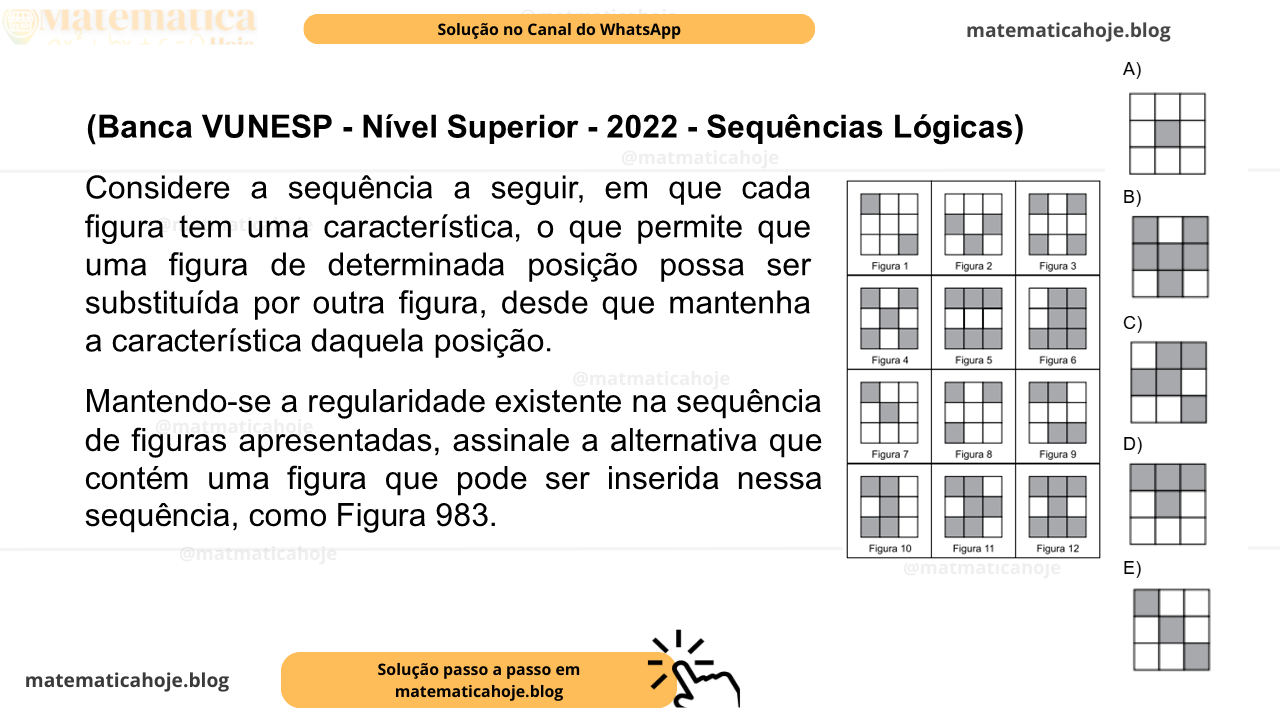 (Banca VUNESP - Nível Superior - 2022 - Sequências Lógicas) Considere a sequência a seguir, em que cada figura tem uma característica, o que permite que uma figura de determinada posição possa ser substituída por outra figura, desde que mantenha a característica daquela posição. Mantendo-se a regularidade existente na sequência de figuras apresentadas, assinale a alternativa que contém uma figura que pode ser inserida nessa sequência, como Figura 983. A)