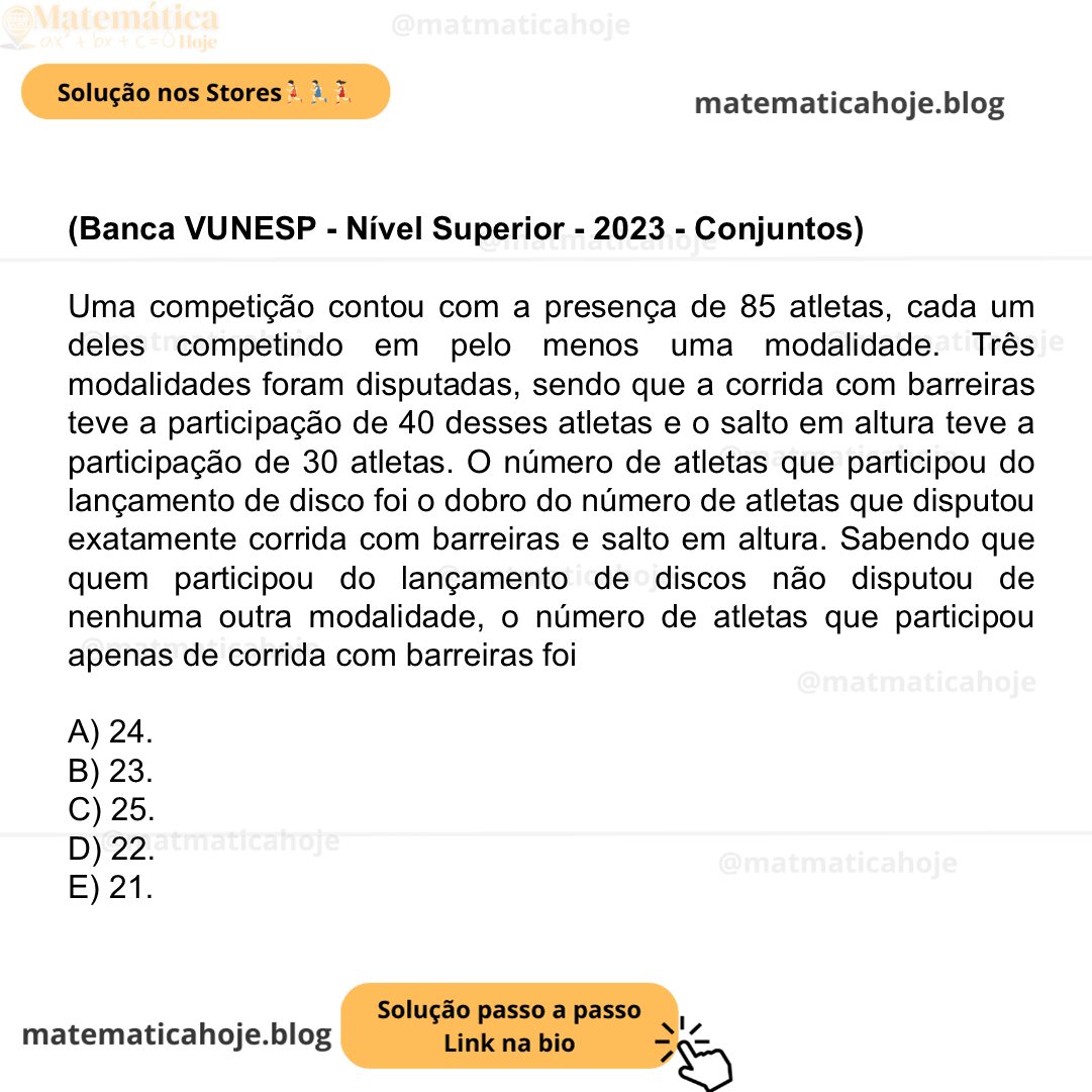 (Banca VUNESP - Nível Superior - 2023 - Conjuntos) Uma competição contou com a presença de 85 atletas, cada um deles competindo em pelo menos uma modalidade. Três modalidades foram disputadas, sendo que a corrida com barreiras teve a participação de 40 desses atletas e o salto em altura teve a participação de 30 atletas. O número de atletas que participou do lançamento de disco foi o dobro do número de atletas que disputou exatamente corrida com barreiras e salto em altura. Sabendo que quem participou do lançamento de discos não disputou de nenhuma outra modalidade, o número de atletas que participou apenas de corrida com barreiras foi A) 24. B) 23. C) 25. D) 22. E) 21.
