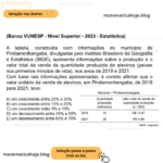 (Banca VUNESP - Nível Superior - 2023 - Estatística) A tabela, construída com informações do município de Pindamonhangaba, divulgadas pelo Instituto Brasileiro de Geografia e Estatística (IBGE), apresenta informações sobre a produção e o valor total da venda da quantidade produzida de alevinos (peixes nos primeiros minutos de vida), nos anos de 2018 e 2021. Com base nas informações apresentadas, é correto afirmar que o valor unitário da venda de alevinos, em Pindamonhangaba, de 2018 para 2021, teve: A) um crescimento entre 25% e 30% B) um crescimento entre 15% e 20% C) um crescimento entre 5% e 10% D) um decrescimento entre 45% e 50% E) um decrescimento entre 65% e 70%