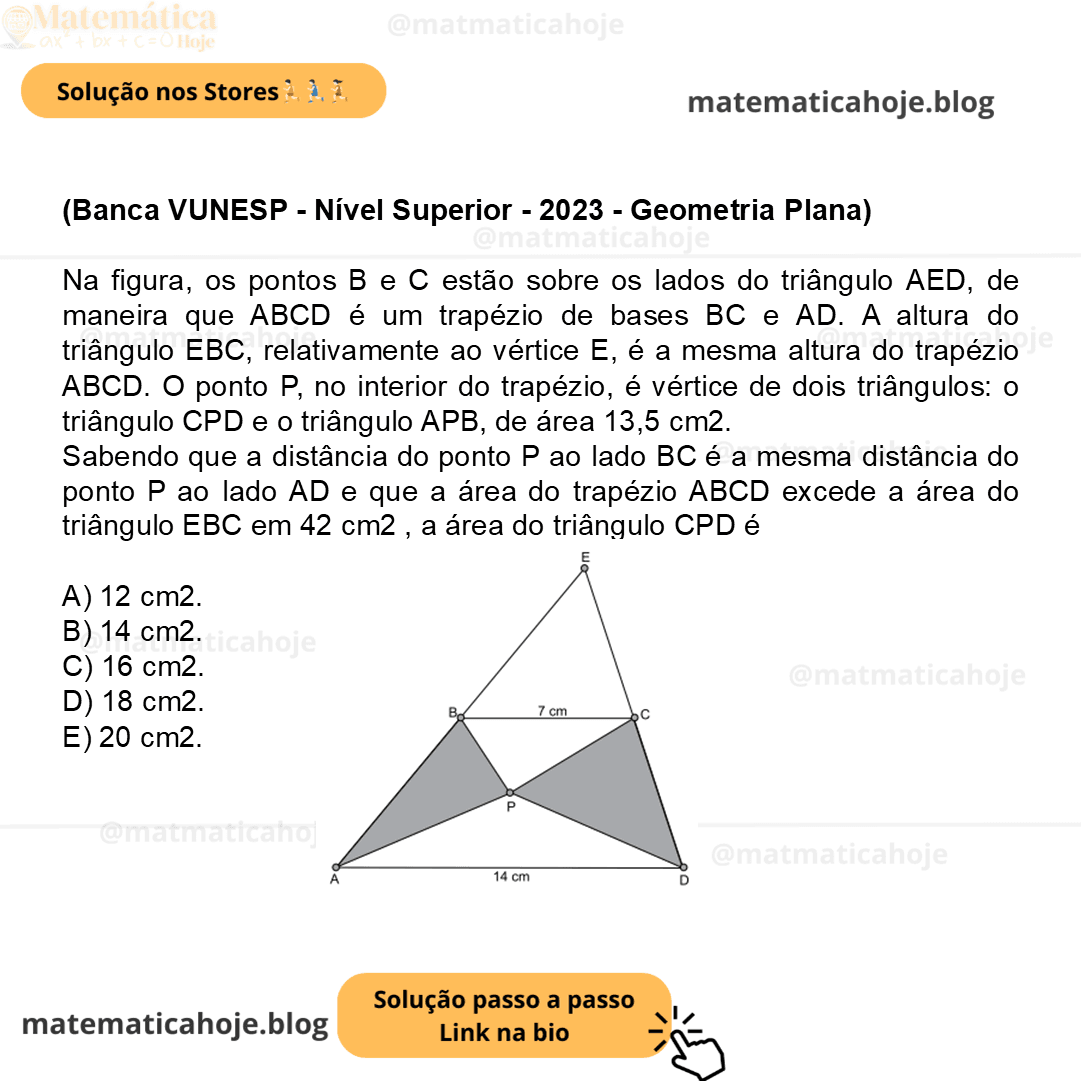 (Banca VUNESP - Nível Superior - 2023 - Geometria Plana) Na figura, os pontos B e C estão sobre os lados do triângulo AED, de maneira que ABCD é um trapézio de bases BC e AD. A altura do triângulo EBC, relativamente ao vértice E, é a mesma altura do trapézio ABCD. O ponto P, no interior do trapézio, é vértice de dois triângulos: o triângulo CPD e o triângulo APB, de área 13,5 cm2. Sabendo que a distância do ponto P ao lado BC é a mesma distância do ponto P ao lado AD e que a área do trapézio ABCD excede a área do triângulo EBC em 42 cm2 , a área do triângulo CPD é A) 12 cm2. B) 14 cm2. C) 16 cm2. D) 18 cm2. E) 20 cm2.