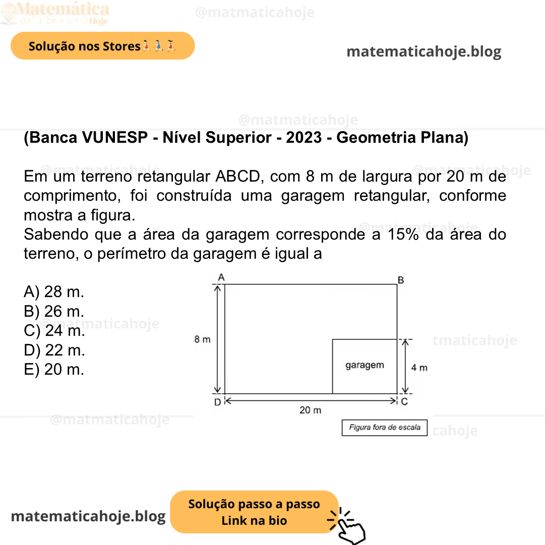 (Banca VUNESP - Nível Superior - 2023 - Geometria Plana) Em um terreno retangular ABCD, com 8 m de largura por 20 m de comprimento, foi construída uma garagem retangular, conforme mostra a figura. Sabendo que a área da garagem corresponde a 15% da área do terreno, o perímetro da garagem é igual a A) 28 m. B) 26 m. C) 24 m. D) 22 m. E) 20 m.