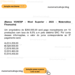 (Banca VUNESP - Nível Superior - 2023 - Matemática Financeira) Um empréstimo de $200.000,00 será pago mensalmente em 10 prestações com taxa de 8,5% a.m pelo sistema SAC. Por conta dessas informações, o valor do juros correspondente ao 5º pagamento será: A) $14.200,00 B) $20.000,00 C) $18.500,00 D) $12.400,00 E) $10.200,00