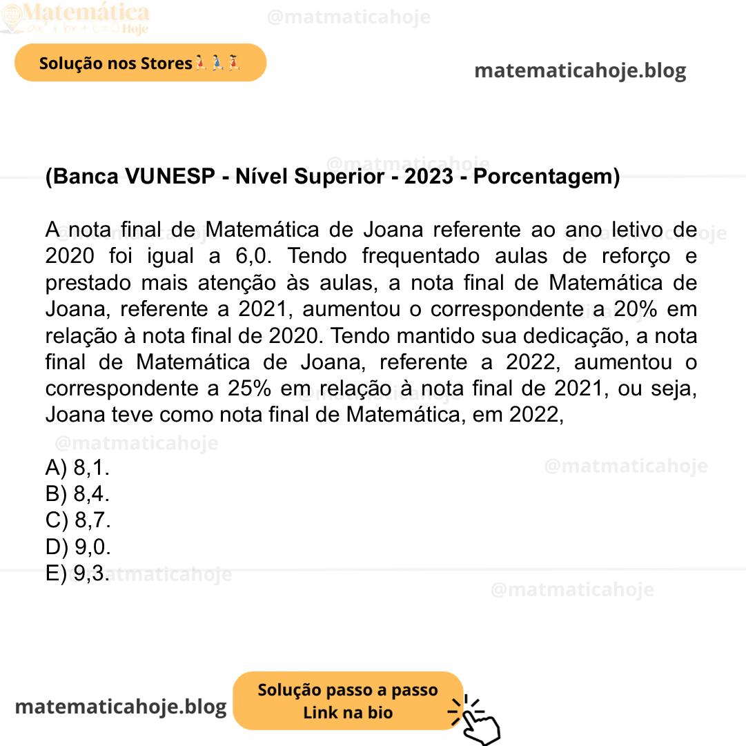 (Banca VUNESP - Nível Superior - 2023 - Porcentagem) A nota final de Matemática de Joana referente ao ano letivo de 2020 foi igual a 6,0. Tendo frequentado aulas de reforço e prestado mais atenção às aulas, a nota final de Matemática de Joana, referente a 2021, aumentou o correspondente a 20% em relação à nota final de 2020. Tendo mantido sua dedicação, a nota final de Matemática de Joana, referente a 2022, aumentou o correspondente a 25% em relação à nota final de 2021, ou seja, Joana teve como nota final de Matemática, em 2022, A) 8,1. B) 8,4. C) 8,7. D) 9,0. E) 9,3.