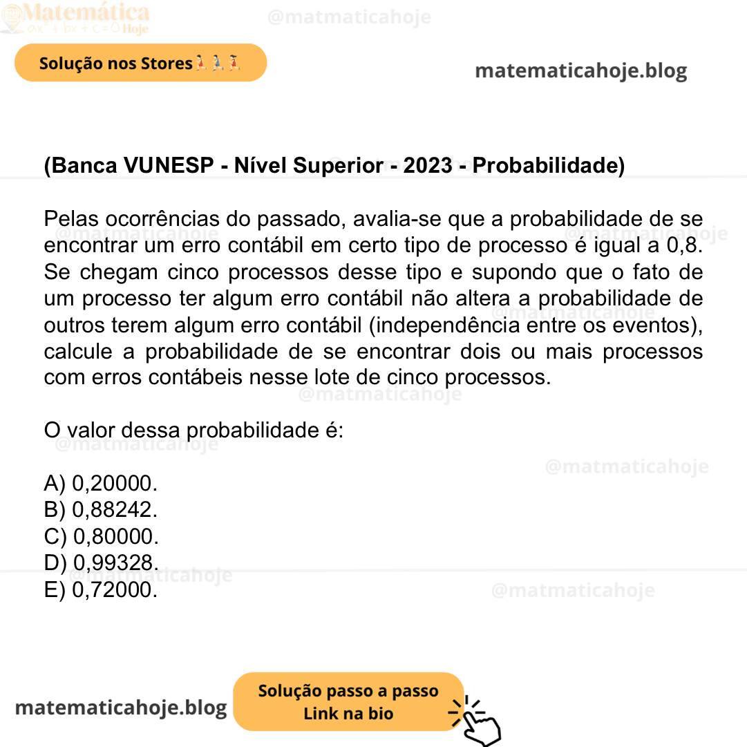 (Banca VUNESP - Nível Superior - 2023 - Probabilidade) Pelas ocorrências do passado, avalia-se que a probabilidade de se encontrar um erro contábil em certo tipo de processo é igual a 0,8. Se chegam cinco processos desse tipo e supondo que o fato de um processo ter algum erro contábil não altera a probabilidade de outros terem algum erro contábil (independência entre os eventos), calcule a probabilidade de se encontrar dois ou mais processos com erros contábeis nesse lote de cinco processos. O valor dessa probabilidade é: A) 0,20000. B) 0,88242. C) 0,80000. D) 0,99328. E) 0,72000.