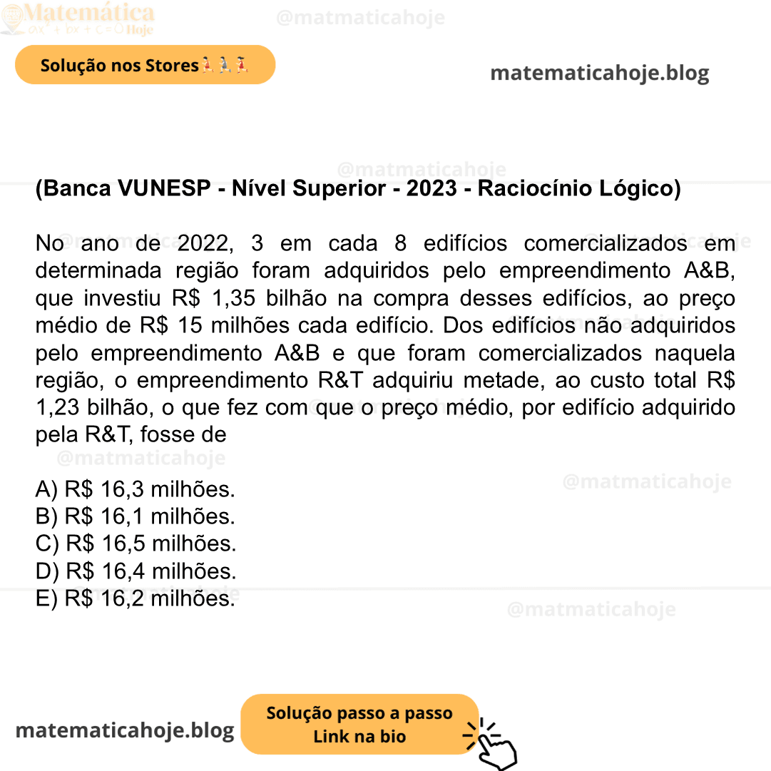(Banca VUNESP - Nível Superior - 2023 - Raciocínio Lógico) No ano de 2022, 3 em cada 8 edifícios comercializados em determinada região foram adquiridos pelo empreendimento A&B, que investiu R$ 1,35 bilhão na compra desses edifícios, ao preço médio de R$ 15 milhões cada edifício. Dos edifícios não adquiridos pelo empreendimento A&B e que foram comercializados naquela região, o empreendimento R&T adquiriu metade, ao custo total R$ 1,23 bilhão, o que fez com que o preço médio, por edifício adquirido pela R&T, fosse de A) R$ 16,3 milhões. B) R$ 16,1 milhões. C) R$ 16,5 milhões. D) R$ 16,4 milhões. E) R$ 16,2 milhões.