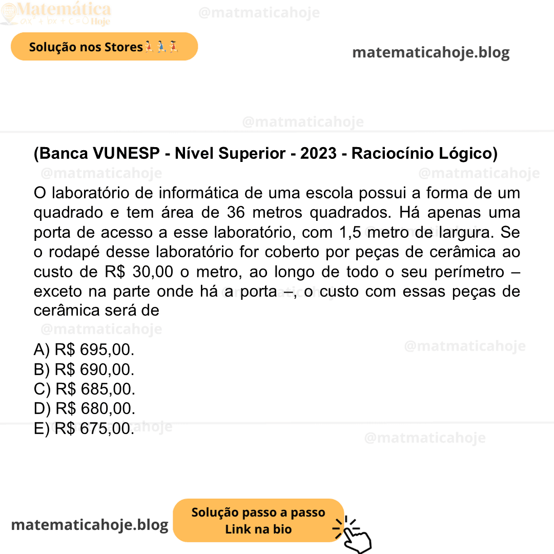 (Banca VUNESP - Nível Superior - 2023 - Raciocínio Lógico) O laboratório de informática de uma escola possui a forma de um quadrado e tem área de 36 metros quadrados. Há apenas uma porta de acesso a esse laboratório, com 1,5 metro de largura. Se o rodapé desse laboratório for coberto por peças de cerâmica ao custo de R$ 30,00 o metro, ao longo de todo o seu perímetro – exceto na parte onde há a porta –, o custo com essas peças de cerâmica será de A) R$ 695,00. B) R$ 690,00. C) R$ 685,00. D) R$ 680,00. E) R$ 675,00.