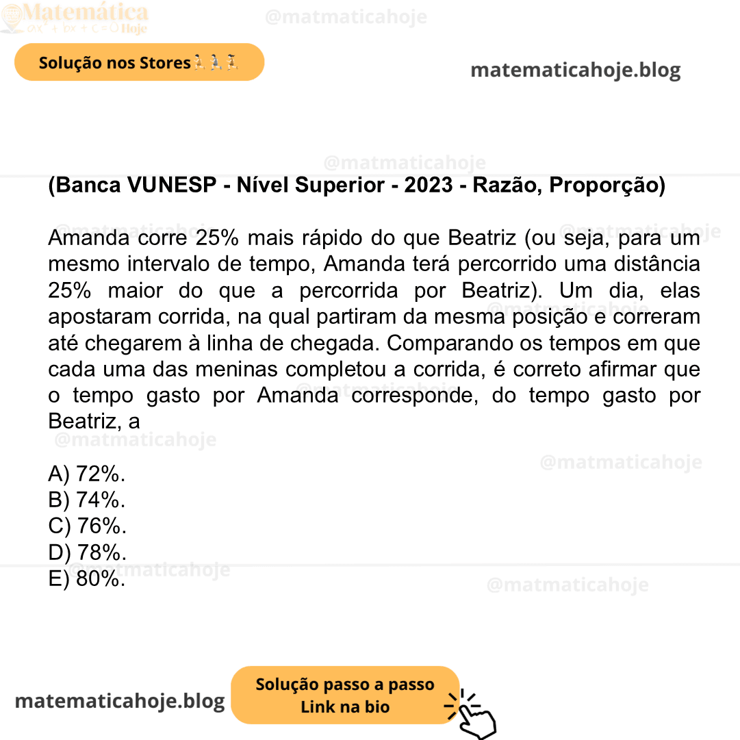 (Banca VUNESP - Nível Superior - 2023 - Razão, Proporção) Amanda corre 25% mais rápido do que Beatriz (ou seja, para um mesmo intervalo de tempo, Amanda terá percorrido uma distância 25% maior do que a percorrida por Beatriz). Um dia, elas apostaram corrida, na qual partiram da mesma posição e correram até chegarem à linha de chegada. Comparando os tempos em que cada uma das meninas completou a corrida, é correto afirmar que o tempo gasto por Amanda corresponde, do tempo gasto por Beatriz, a A) 72%. B) 74%. C) 76%. D) 78%. E) 80%.