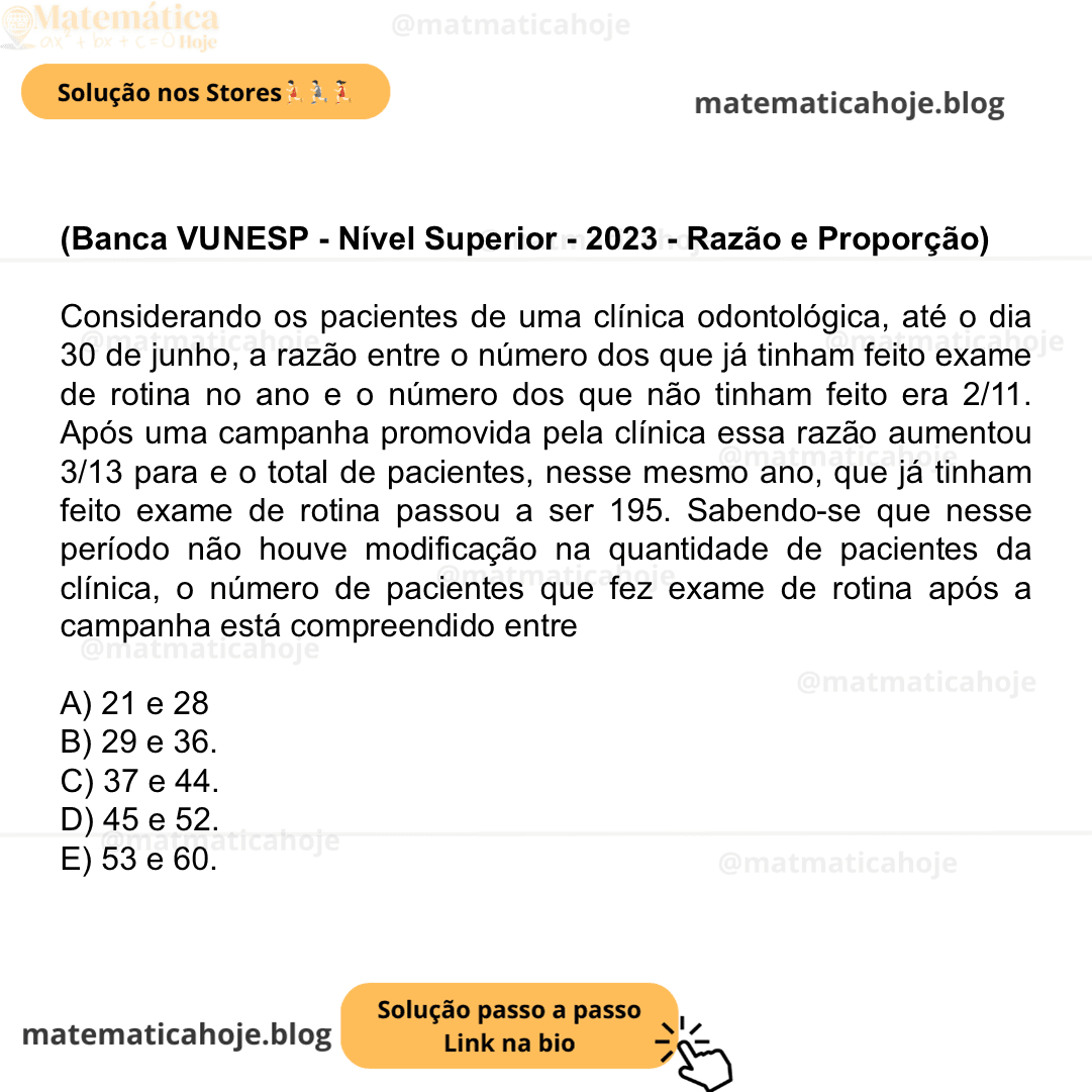 (Banca VUNESP - Nível Superior - 2023 - Razão e Proporção) Considerando os pacientes de uma clínica odontológica, até o dia 30 de junho, a razão entre o número dos que já tinham feito exame de rotina no ano e o número dos que não tinham feito era 2/11. Após uma campanha promovida pela clínica essa razão aumentou 3/13 para e o total de pacientes, nesse mesmo ano, que já tinham feito exame de rotina passou a ser 195. Sabendo-se que nesse período não houve modificação na quantidade de pacientes da clínica, o número de pacientes que fez exame de rotina após a campanha está compreendido entre A) 21 e 28 B) 29 e 36. C) 37 e 44. D) 45 e 52. E) 53 e 60.