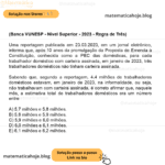 (Banca VUNESP - Nível Superior - 2023 - Regra de Três) Uma reportagem publicada em 23.03.2023, em um jornal eletrônico, informa que, após 10 anos da promulgação da Proposta de Emenda à Constituição, conhecida como a PEC das domésticas, para cada trabalhador doméstico com carteira assinada, em janeiro de 2023, três trabalhadores domésticos não tinham carteira assinada. (https://www1.folha.uol.com.br/mercado/2023/03/ dez-anos-apos-pec-das-domesticas-3-em-cada-4-delas- -trabalham-sem-carteira-assinada.shtml. Acessado em 07.05.2023) Sabendo que, segundo a reportagem, 4,4 milhões de trabalhadores domésticos estavam, em janeiro de 2023, na informalidade, ou seja, não trabalhavam com carteira assinada, é correto afirmar que, naquele mês, a estimativa total de trabalhadores domésticos era um número entre A) 5,7 milhões e 5,8 milhões. B) 5,8 milhões e 5,9 milhões. C) 5,9 milhões e 6,0 milhões. D) 6,0 milhões e 6,1 milhões. E) 6,1 milhões e 6,2 milhões.