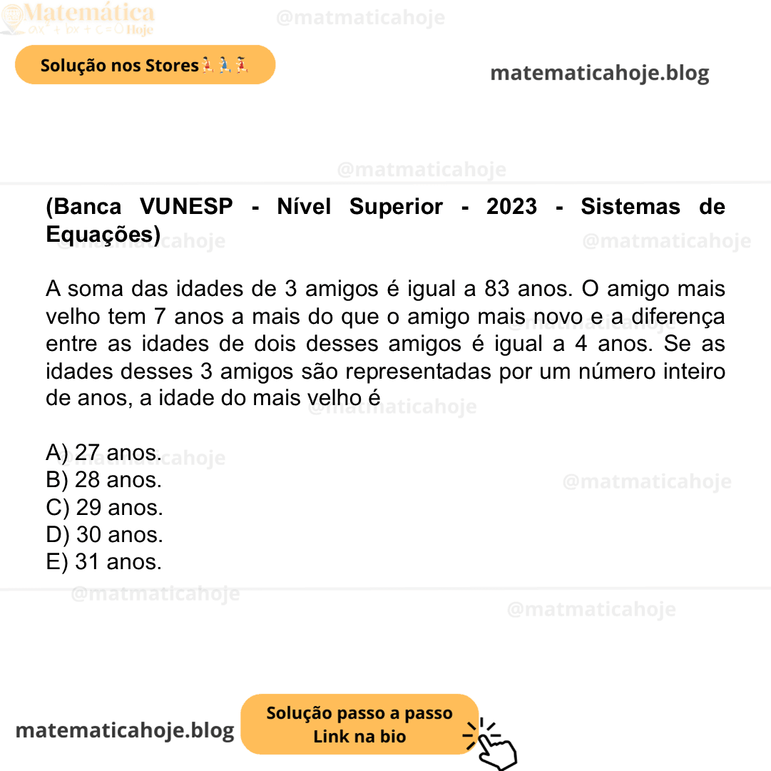 (Banca VUNESP - Nível Superior - 2023 - Sistemas de Equações) A soma das idades de 3 amigos é igual a 83 anos. O amigo mais velho tem 7 anos a mais do que o amigo mais novo e a diferença entre as idades de dois desses amigos é igual a 4 anos. Se as idades desses 3 amigos são representadas por um número inteiro de anos, a idade do mais velho é A) 27 anos. B) 28 anos. C) 29 anos. D) 30 anos. E) 31 anos.
